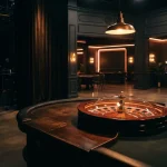 Neon-lit live casino studio with a roulette wheel, empty gaming tables and an arcade cabinet in a shadowy lounge