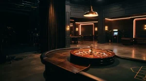 Neon-lit live casino studio with a roulette wheel, empty gaming tables and an arcade cabinet in a shadowy lounge