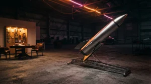 A sleek model rocket in a dark hangar, warm neon lighting on its metal surface and a gaming table beyond