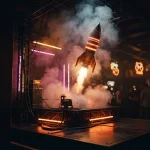 A small rocket rises from a theatrical launch platform, with warm neon light and a distant arcade machine