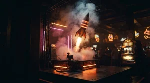 A small rocket rises from a theatrical launch platform, with warm neon light and a distant arcade machine