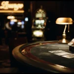 A cinematic blackjack table with playing cards and chips under warm neon light, with a vintage slot machine in the background
