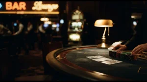 A cinematic blackjack table with playing cards and chips under warm neon light, with a vintage slot machine in the background