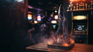 A chrome model rocket above an arcade launch platform, with a glowing gaming cabinet in a dark neon-lit lounge
