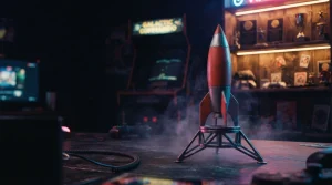Small model rocket poised on a dark tabletop with an illuminated arcade cabinet in a warm neon gaming lounge