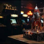 A vivid miniature rocket poised on a launch platform in a dark neon arcade, with a softly glowing game cabinet behind it