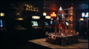 A vivid miniature rocket poised on a launch platform in a dark neon arcade, with a softly glowing game cabinet behind it