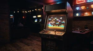 A glowing pixel arcade cabinet in a dark neon-lit gaming lounge, with a small trophy shelf in the background