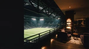 A dramatically lit sports arena with warm neon lights and a slot machine visible in a nearby lounge