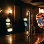 A metallic rocket sculpture stands beside a glowing arcade cabinet in a dark gaming lounge with warm neon lights