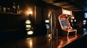 A metallic rocket sculpture stands beside a glowing arcade cabinet in a dark gaming lounge with warm neon lights