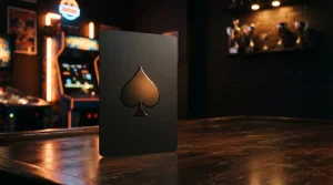 A dramatic black playing card with a sculpted spade symbol beside a softly glowing casino arcade cabinet