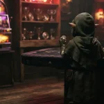 A cloaked woodland elf viewed from behind at a velvet gaming table, with a neon-lit slot machine further inside a dark lounge