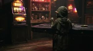 A cloaked woodland elf viewed from behind at a velvet gaming table, with a neon-lit slot machine further inside a dark lounge