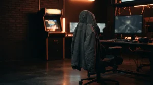 An unmarked dark coat draped over a chair in a neon-lit gaming lounge, with an arcade cabinet glowing behind it