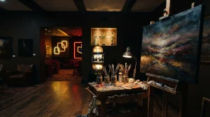 Paint-covered easel and richly textured painting in a dark gallery with a softly lit casino lounge behind it