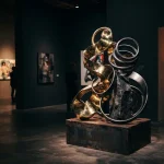 Dramatic avant-garde sculpture in a neon-lit art gallery with a slot machine in a shadowy corner