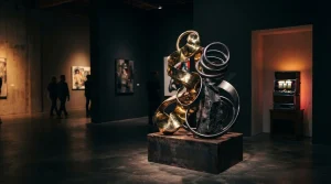 Dramatic avant-garde sculpture in a neon-lit art gallery with a slot machine in a shadowy corner