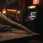 An ancient Norse axe resting on a dark wooden table, with a warmly lit arcade cabinet in the background