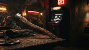 An ancient Norse axe resting on a dark wooden table, with a warmly lit arcade cabinet in the background