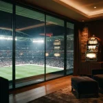 Floodlit football stadium seen from a dark lounge, with an illuminated slot machine and warm amber reflections nearby