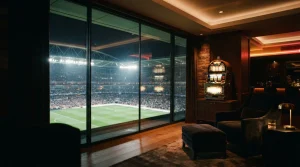 Floodlit football stadium seen from a dark lounge, with an illuminated slot machine and warm amber reflections nearby