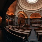 A grand semicircular marble council chamber with empty seats and warm neon reflections, beside a small arcade cabinet