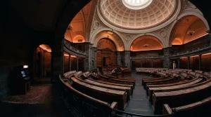 A grand semicircular marble council chamber with empty seats and warm neon reflections, beside a small arcade cabinet