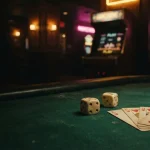 Glowing dice and playing cards on a dark game table, with a warmly illuminated arcade cabinet in the background