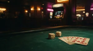 Glowing dice and playing cards on a dark game table, with a warmly illuminated arcade cabinet in the background