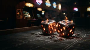 Smouldering metal dice on a dark casino table, with warm neon reflections and a softly lit arcade cabinet behind