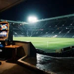 A floodlit football stadium at night with a small neon-lit casino lounge and slot machine in the foreground