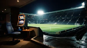 A floodlit football stadium at night with a small neon-lit casino lounge and slot machine in the foreground