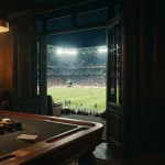 Floodlit sports stadium seen behind a polished game table in a dark lounge with warm neon lighting