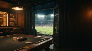 Floodlit sports stadium seen behind a polished game table in a dark lounge with warm neon lighting