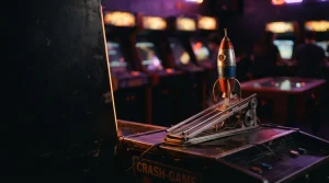 A miniature rocket on a lit launch rail in a dark arcade, with a glowing gaming cabinet in the background