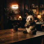 A sculpted panda on a dark lounge table with warm neon lighting and an arcade cabinet in the background