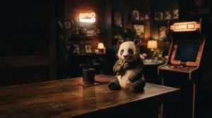 A sculpted panda on a dark lounge table with warm neon lighting and an arcade cabinet in the background