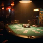 A dramatic poker table beneath a focused amber spotlight, with warm neon arcade lights and a trophy shelf behind it