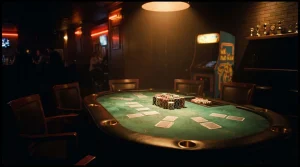 A dramatic poker table beneath a focused amber spotlight, with warm neon arcade lights and a trophy shelf behind it