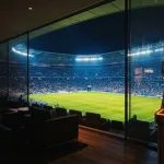 Floodlit sports arena with an illuminated pitch and an arcade machine in a dark lounge foreground