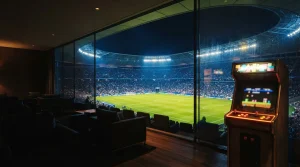 Floodlit sports arena with an illuminated pitch and an arcade machine in a dark lounge foreground