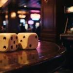 Oversized ivory dice on a dark gaming table with a warmly lit arcade cabinet in the background