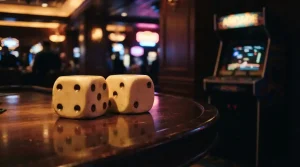 Oversized ivory dice on a dark gaming table with a warmly lit arcade cabinet in the background