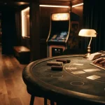 A warmly lit blackjack studio with a dark felt table, luminous chips and a softly glowing arcade cabinet behind it
