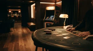 A warmly lit blackjack studio with a dark felt table, luminous chips and a softly glowing arcade cabinet behind it