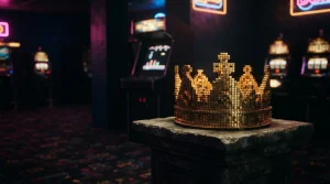 A golden crown built from chunky arcade-style blocks on a dark plinth, with a softly lit arcade cabinet behind it