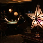 A star-shaped neon sculpture glowing above a dark arcade counter, with a slot machine visible in the warm background