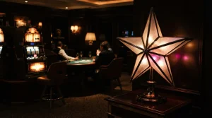 A star-shaped neon sculpture glowing above a dark arcade counter, with a slot machine visible in the warm background