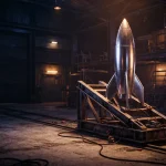 A silver model rocket poised in a shadowy hangar, with a warmly illuminated arcade cabinet in the background
